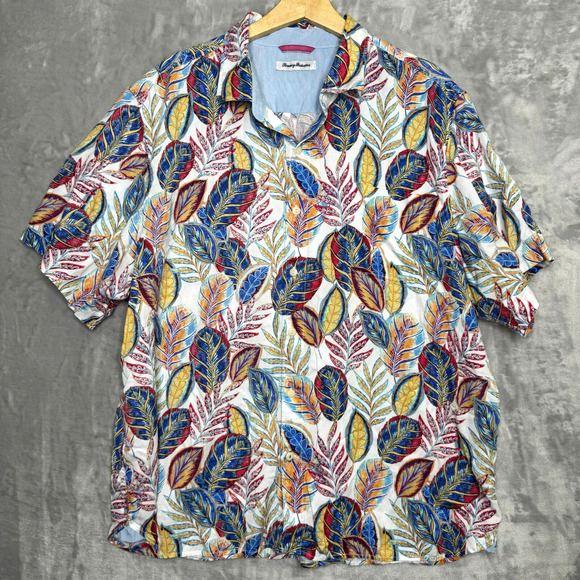 Tommy Bahama Shirt Mens XXL Blue Red White Leaf Print Lyocell Cotton Tropical - Picture 1 of 10
